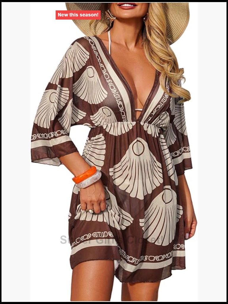 Sheer Mesh Swimsuit Coverup Dress 3/4 Sleeve Beach Cover Up